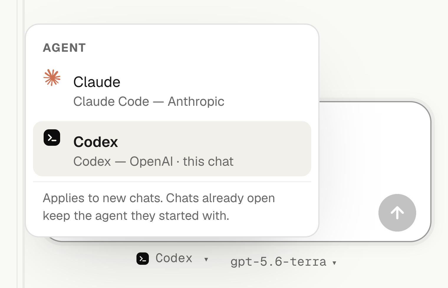 The Sofos chat footer with the agent switch open, offering Claude (Claude Code, Anthropic) and Codex (Codex, OpenAI)