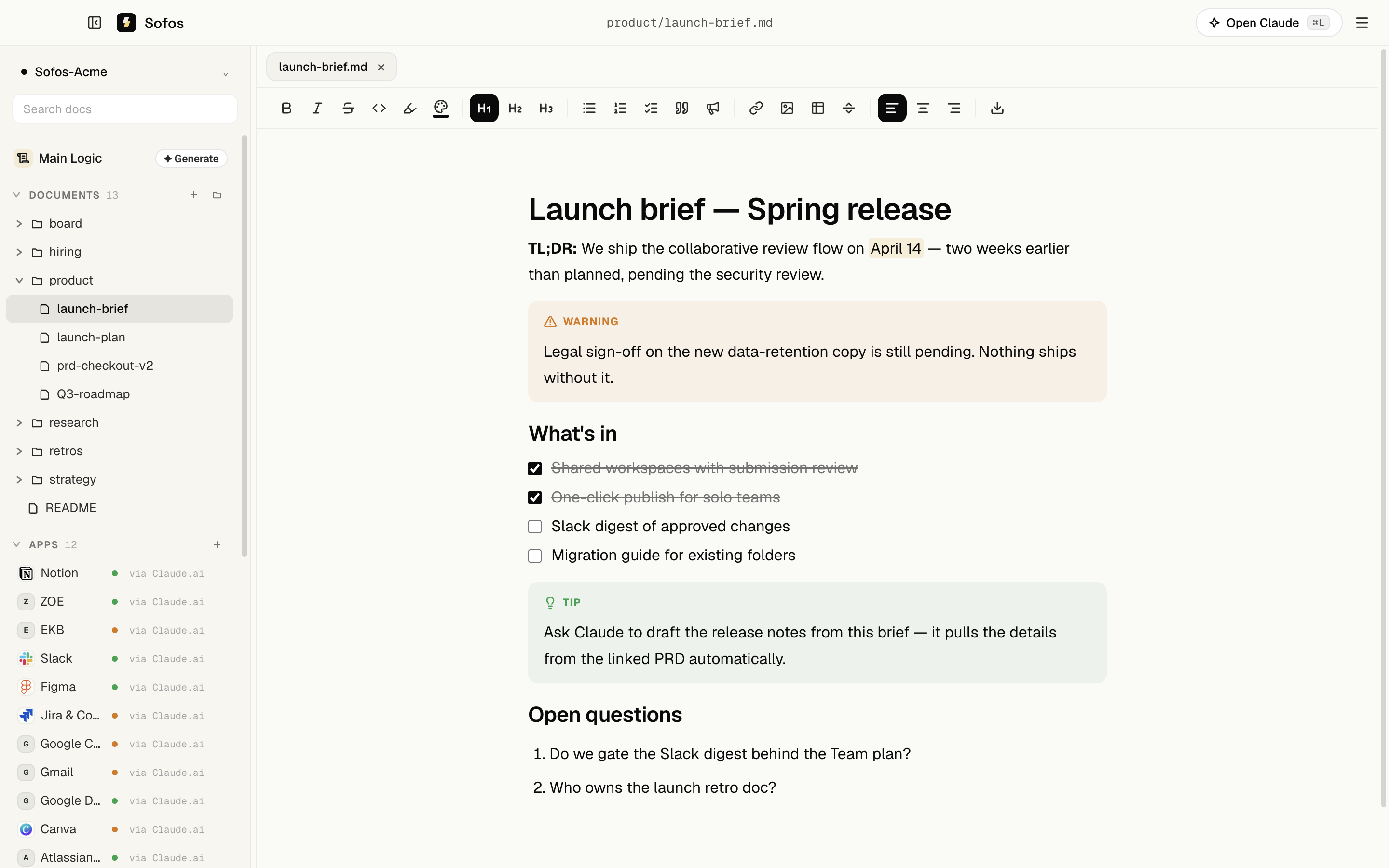 Sofos editor showing a launch brief with a highlighted date, warning and tip callout cards, and a task list